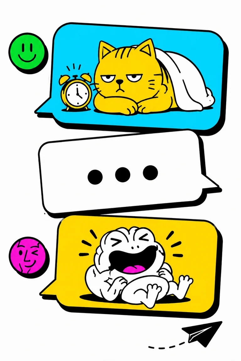 Illustration of a shared cat meme and a laughing reply exchanged in colorful chat bubbles