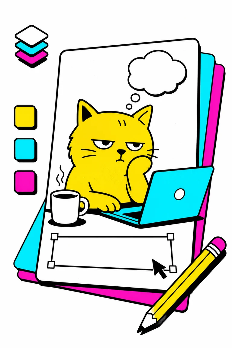 Illustration of a cat meme canvas with editable caption handles, colored layers, and a drawing pencil