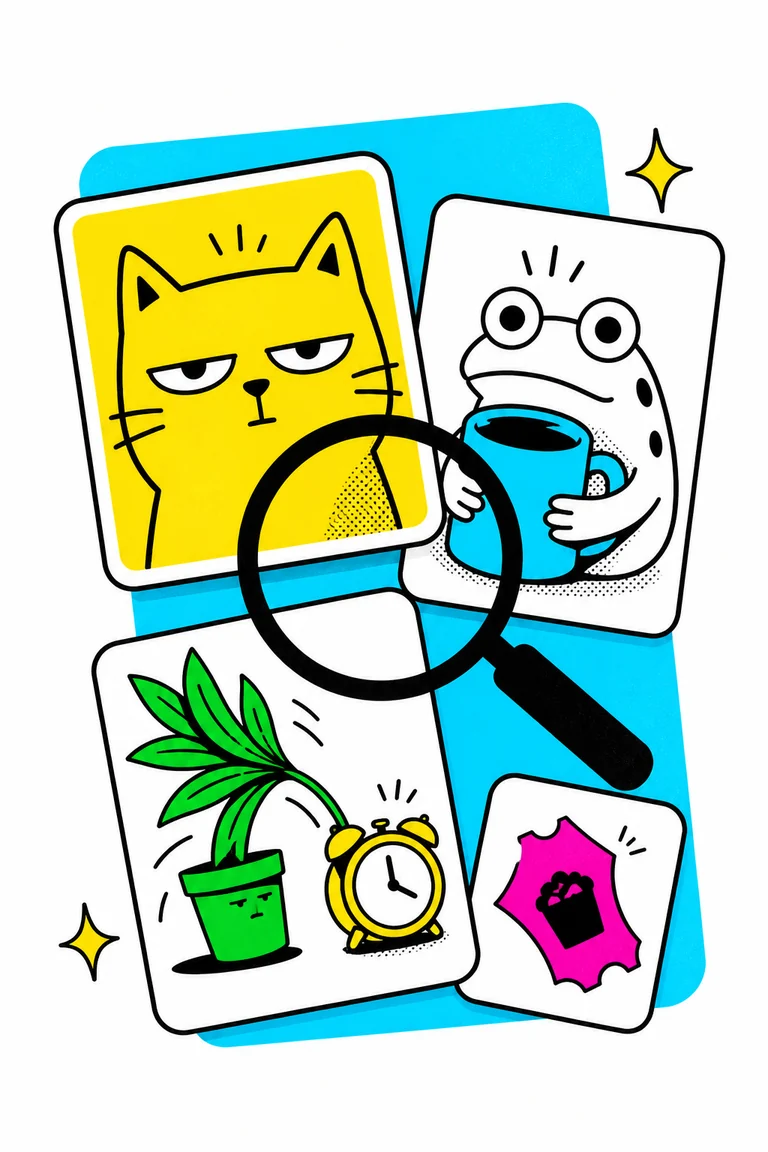 Illustration of a magnifying glass exploring a collection of expressive meme and interest cards