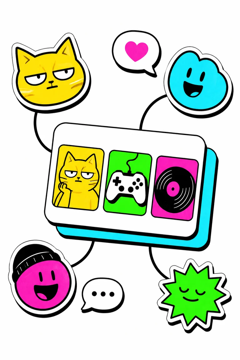 Illustration of expressive characters gathering around shared meme, gaming, and music interests