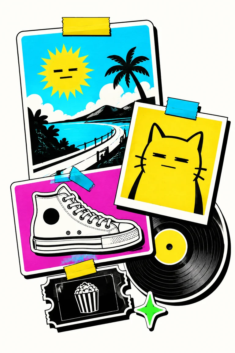 Illustration of a personal collage combining a landscape, cat meme, sneaker, music, and cinema